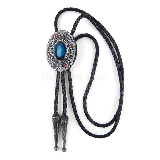 Turquoise Oval Aztec Style Bolo Tie 40" Genuine Leather Cord Antique Silver Tone