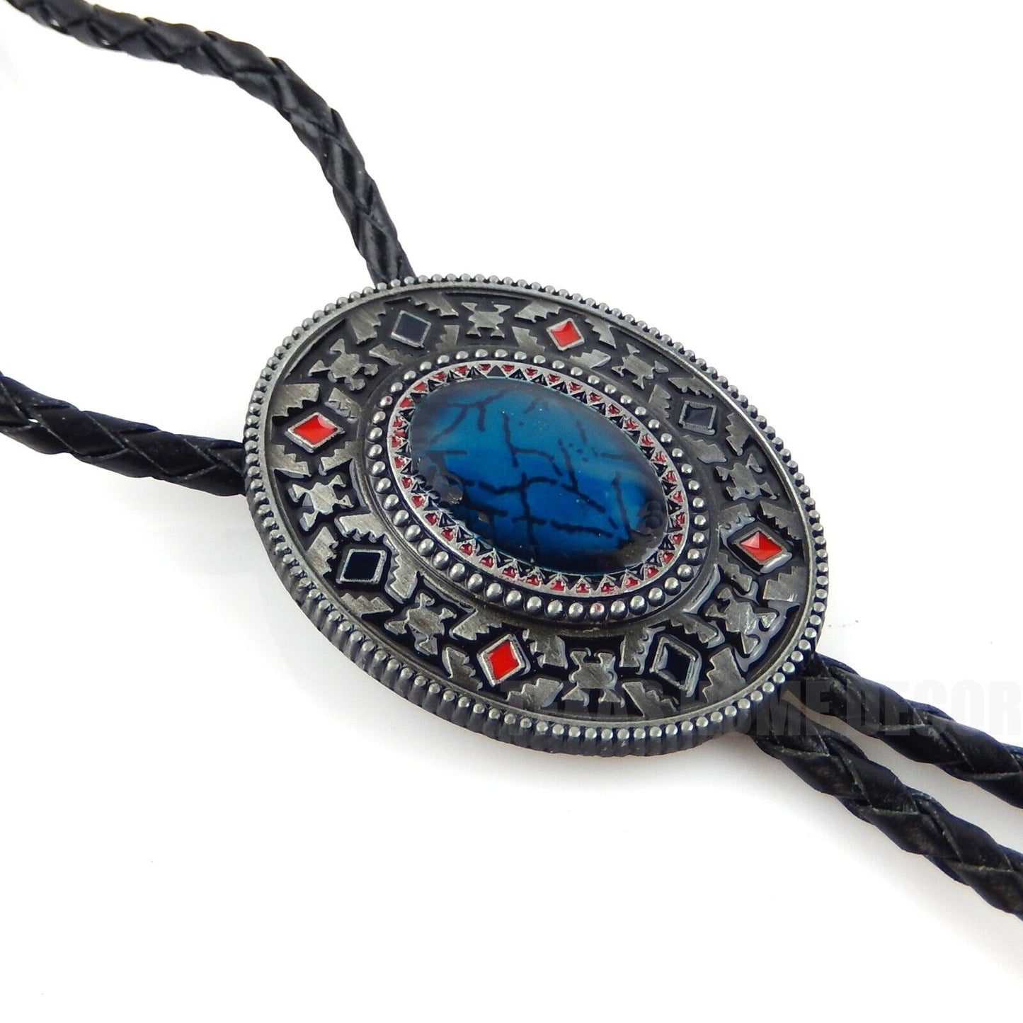 Turquoise Oval Aztec Style Bolo Tie 40" Genuine Leather Cord Antique Silver Tone