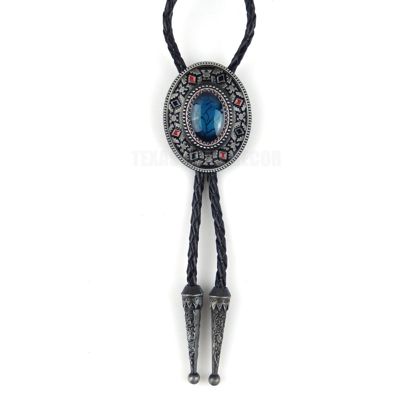 Turquoise Oval Aztec Style Bolo Tie 40" Genuine Leather Cord Antique Silver Tone