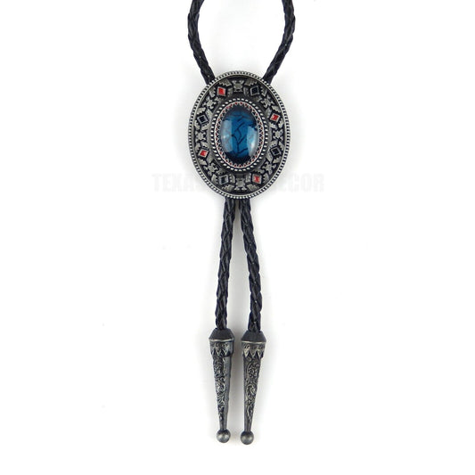 Turquoise Oval Aztec Style Bolo Tie 40" Genuine Leather Cord Antique Silver Tone
