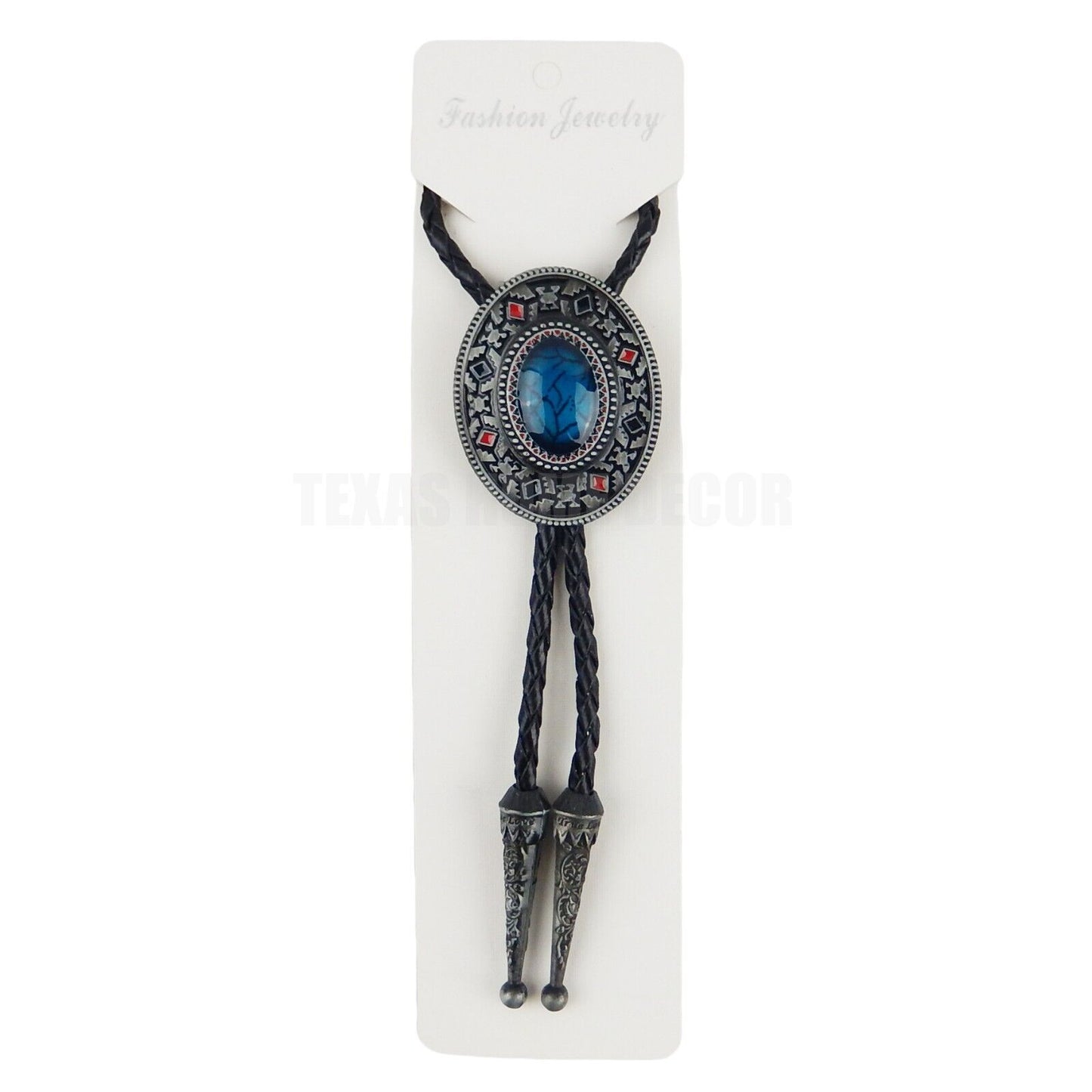 Turquoise Oval Aztec Style Bolo Tie 40" Genuine Leather Cord Antique Silver Tone