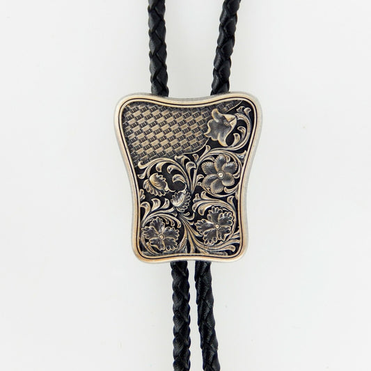 Carved Floral Bolo Tie Real Silver Plated 38" Adjustable Leather Cord Floral Tip