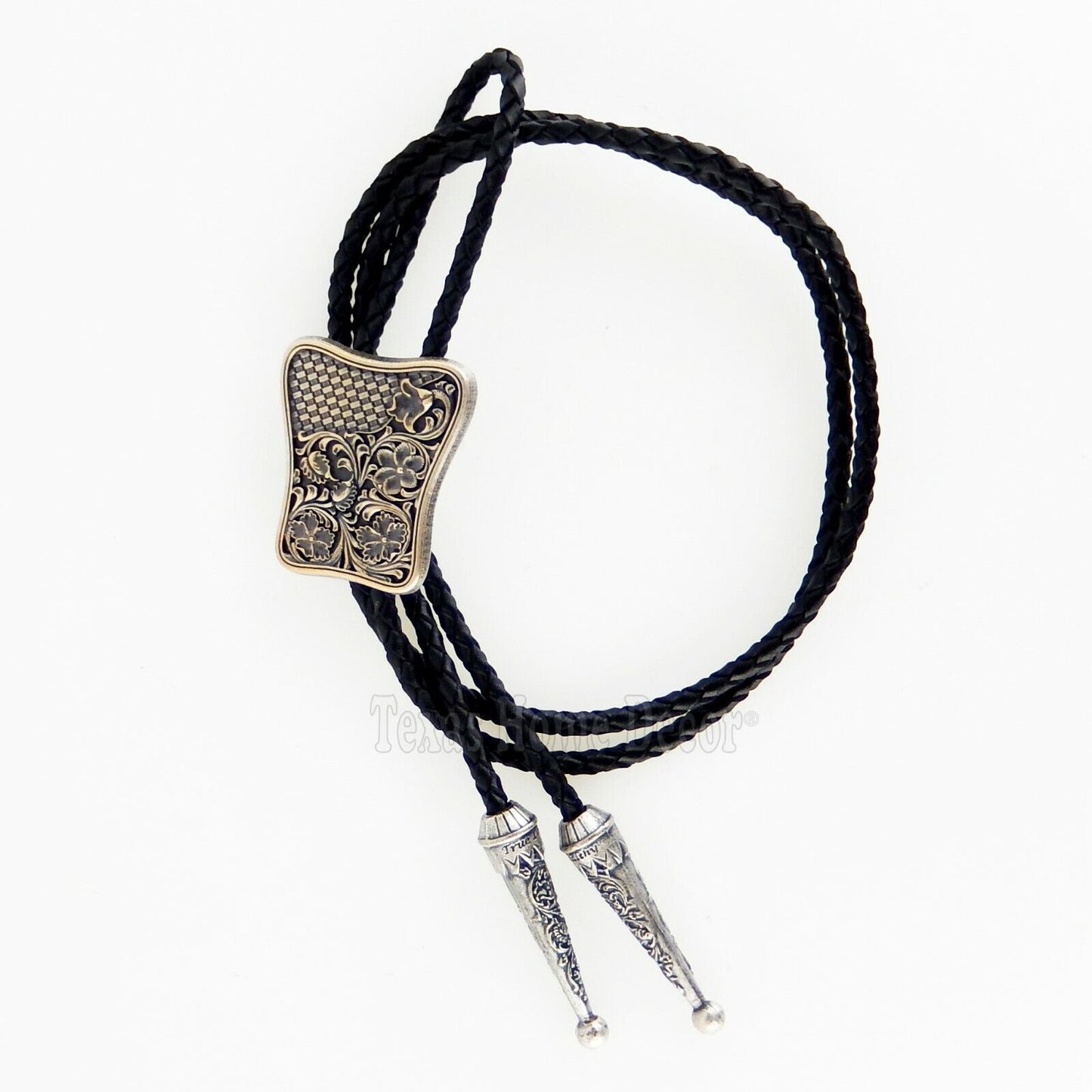 Carved Floral Bolo Tie Real Silver Plated 38" Adjustable Leather Cord Floral Tip
