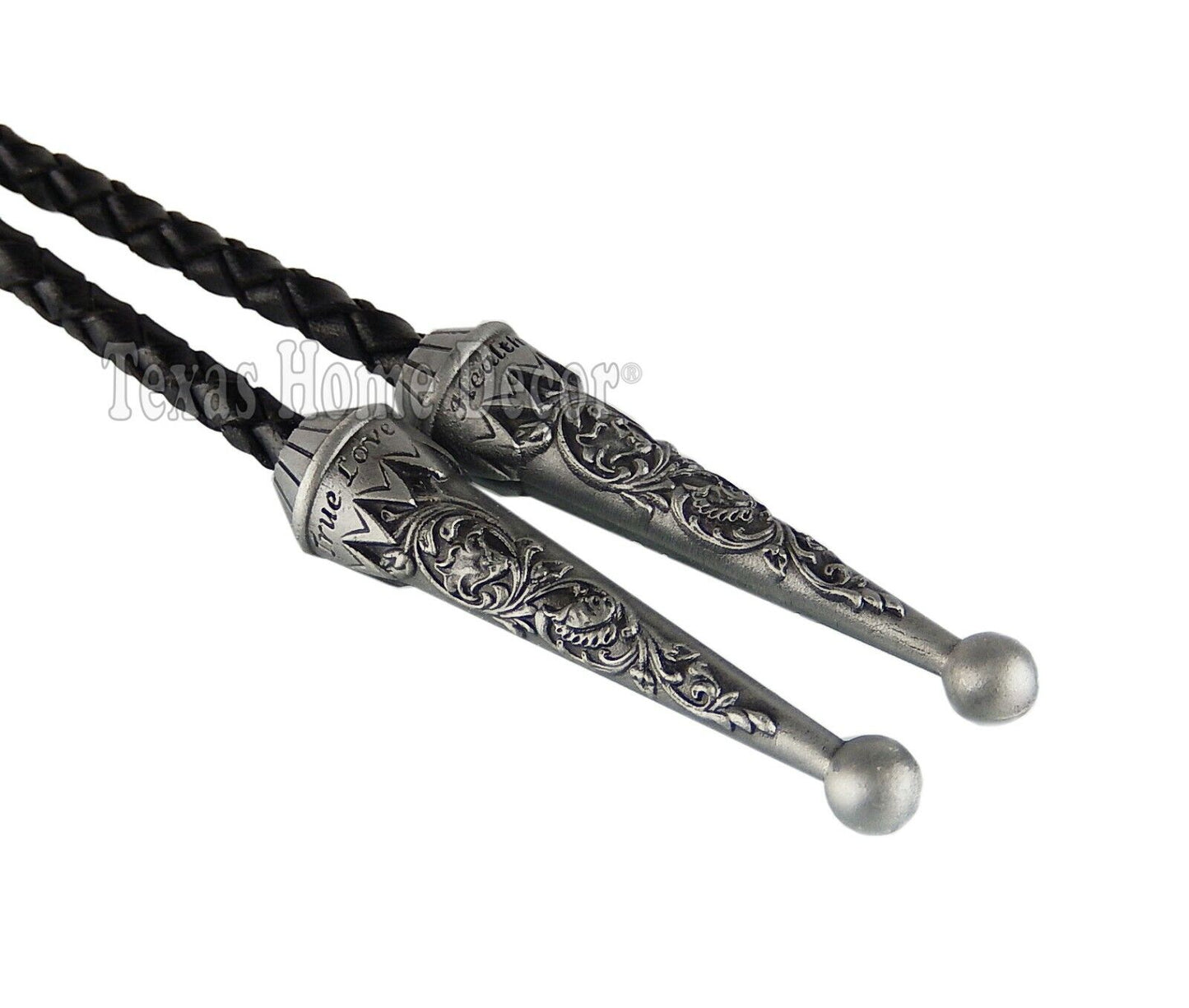 Carved Floral Bolo Tie Real Silver Plated 38" Adjustable Leather Cord Floral Tip