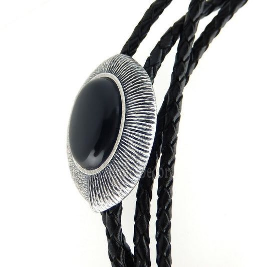 Obsidian Bolo Tie Real Silver Plated 38" Adjustable Leather Cord