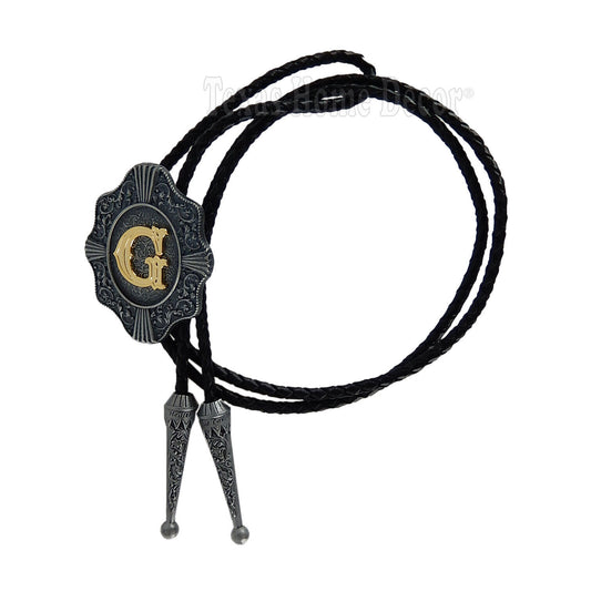 Initial Letter "G" Bolo Tie Western 38" Genuine Leather Cord Detailed Tips