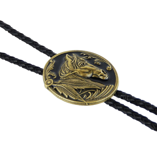 Horsehead Bolo Tie 38" Adjustable Leather Cord Enamel Bronze Tone Detailed Tips
