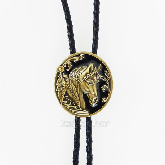 Horsehead Bolo Tie 38" Adjustable Leather Cord Enamel Bronze Tone Detailed Tips