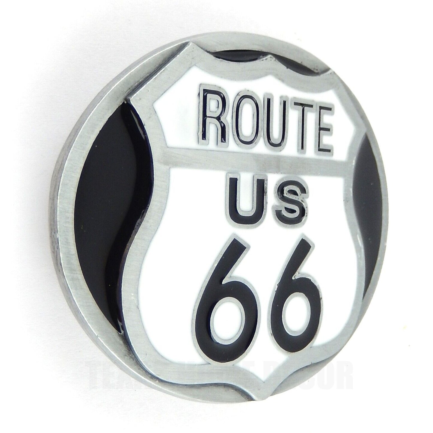 Route US 66 Belt Buckle Antique Silver Glossy Black &White Enamel Fits 1.5" Belt