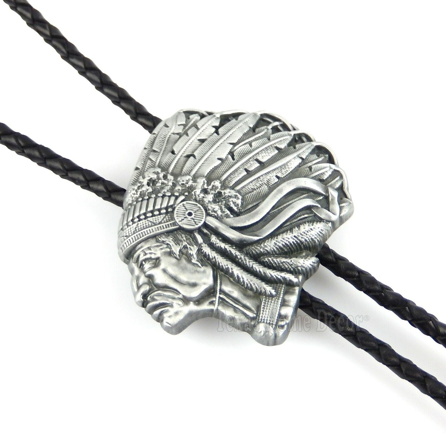 Indian Chief Bolo Tie Southwestern Antique Silver 38" Adjustable Leather Cord