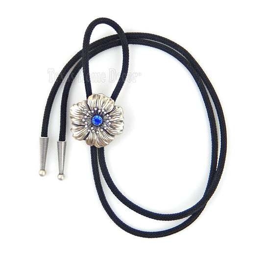 Women's Flower Bolo Tie Blue Rhinestones Real Silver Plated 36" Adjustable Cord