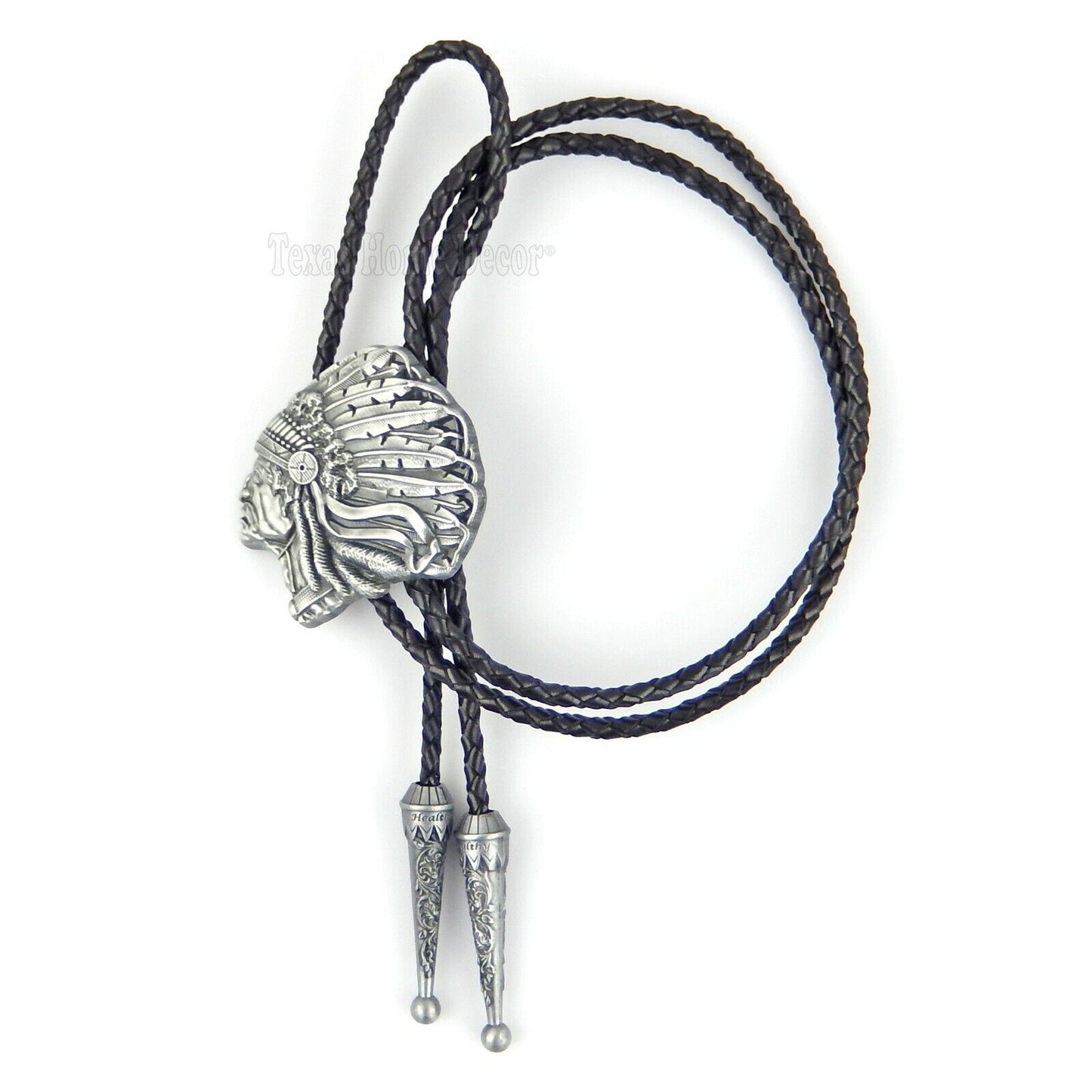 Indian Chief Bolo Tie Southwestern Antique Silver 38" Adjustable Leather Cord