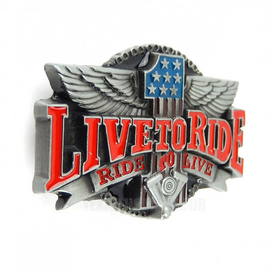 Live To Ride Ride To Live Number 1 Wings Belt Buckle Antique Silver Enamel Inlay
