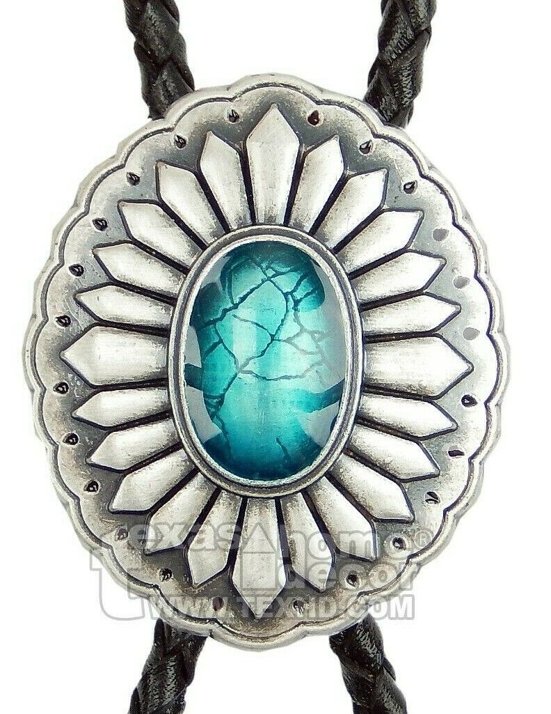 Southwestern Turquoise Bolo Tie Real Silver Plated 38" Adjustable Leather Cord