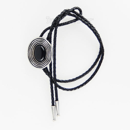 Black Obsidian Stone Bolo Tie Antique Silver Plated 38" Adjustable Leather Cord