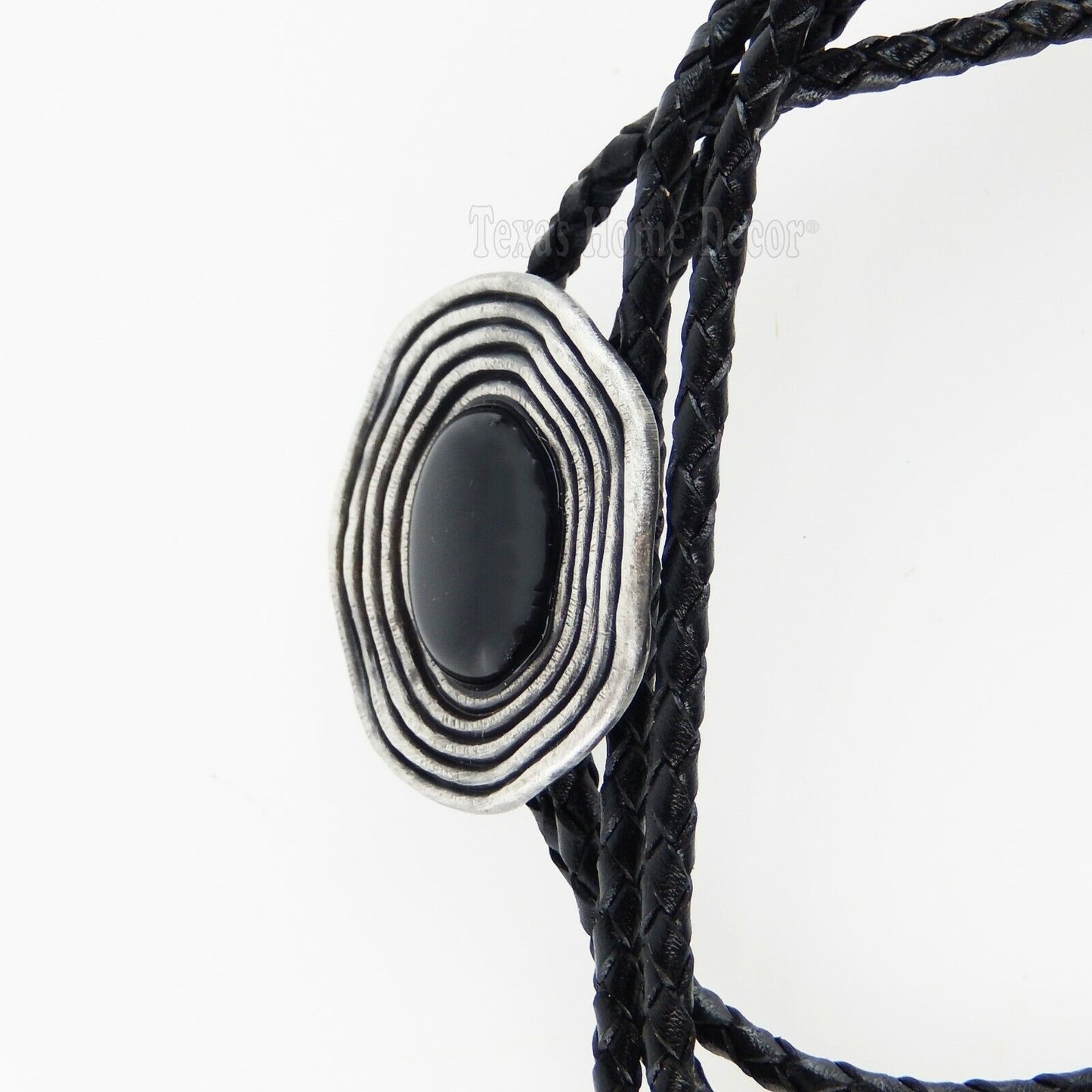 Black Obsidian Stone Bolo Tie Antique Silver Plated 38" Adjustable Leather Cord