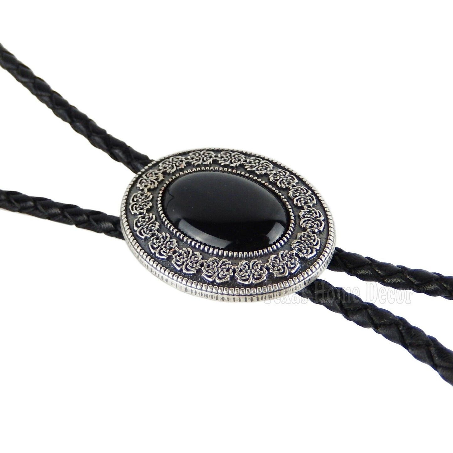 Black Obsidian Stone Bolo Tie Real Silver Plated 38" Adjustable Leather Cord
