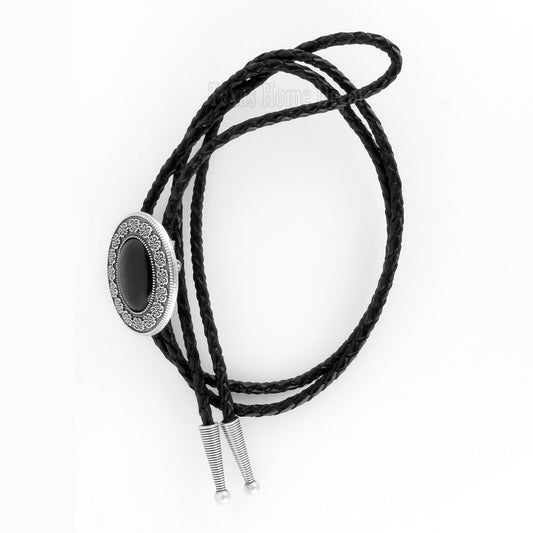 Black Obsidian Stone Bolo Tie Real Silver Plated 38" Adjustable Leather Cord