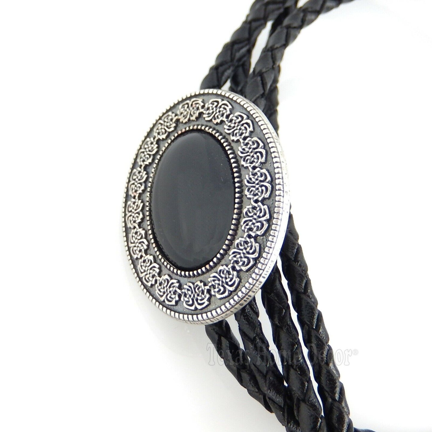 Black Obsidian Stone Bolo Tie Real Silver Plated 38" Adjustable Leather Cord