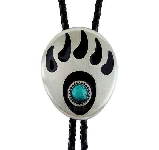 Bear Claw Paw Bolo Tie Genuine Leather Cord Silver Tone Turquoise Enamel 38" Adjustable