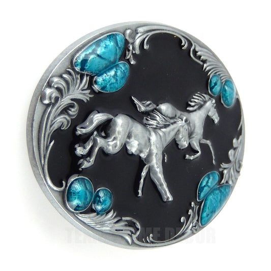Running Horses Belt Buckle Antique Silver Glossy Turquoise Enamel Fits 1.5" Belt