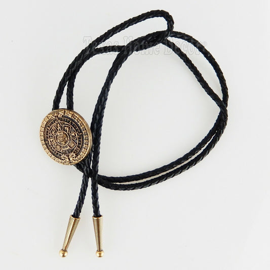 Aztec Calendar Bolo Tie Real Gold Plated 38 inch Braided Leather Cord
