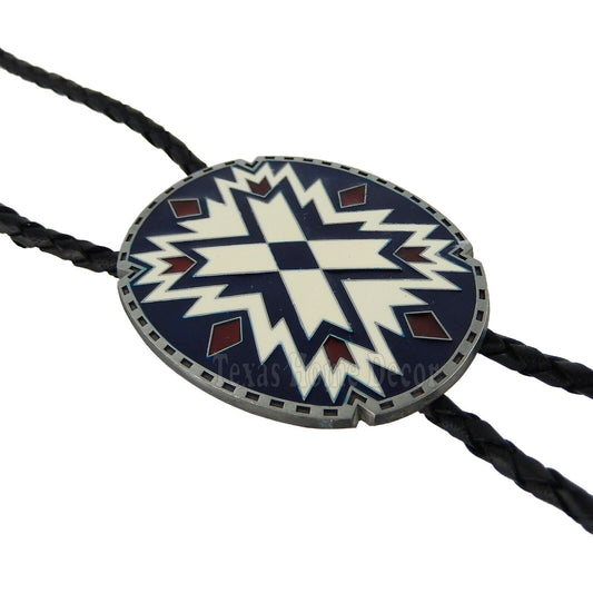 Southwestern Bolo Tie Aztec Geometric 38" Adjustable Leather Cord Enamel Inlay