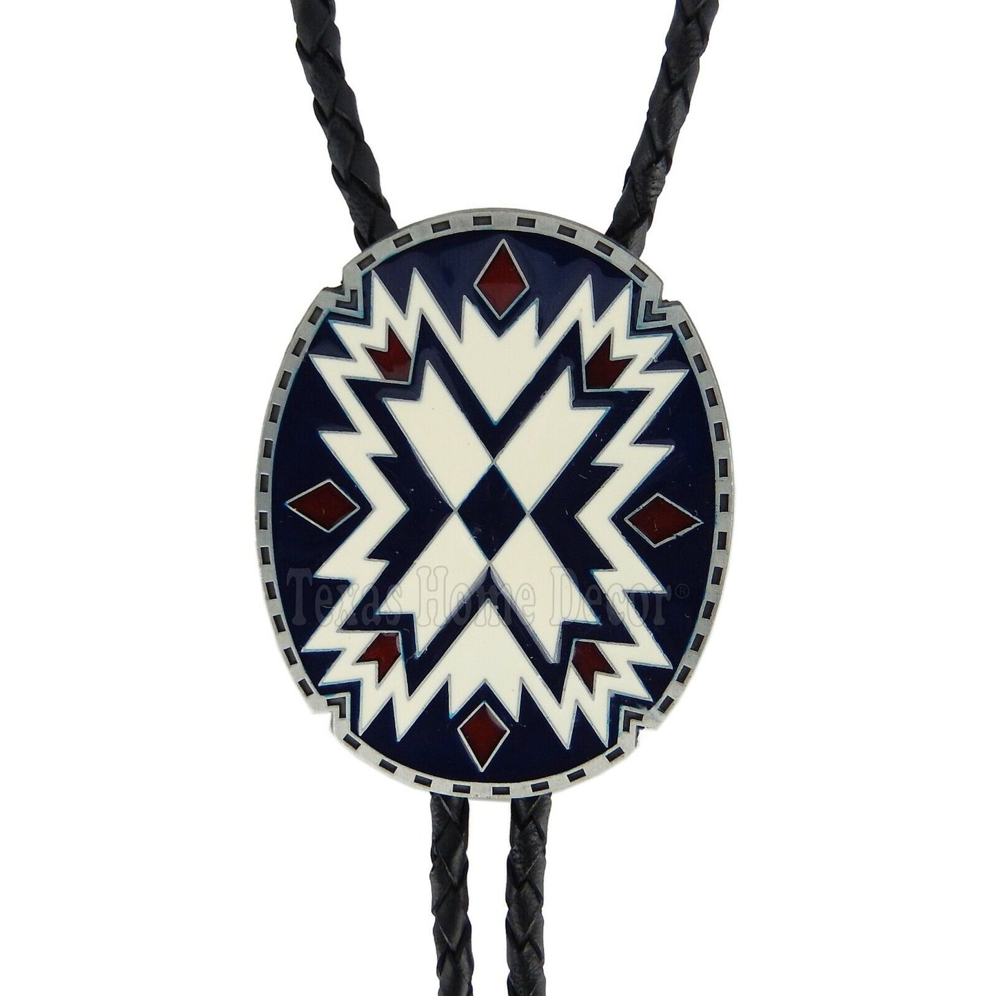 Southwestern Bolo Tie Aztec Geometric 38" Adjustable Leather Cord Enamel Inlay