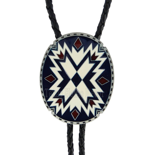 Southwestern Bolo Tie Aztec Geometric 38" Adjustable Leather Cord Enamel Inlay