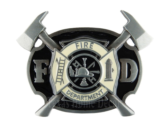 Fireman Men's Belt Buckle Antique Silver Tone Fits 1.5" Belt Black White Enamel