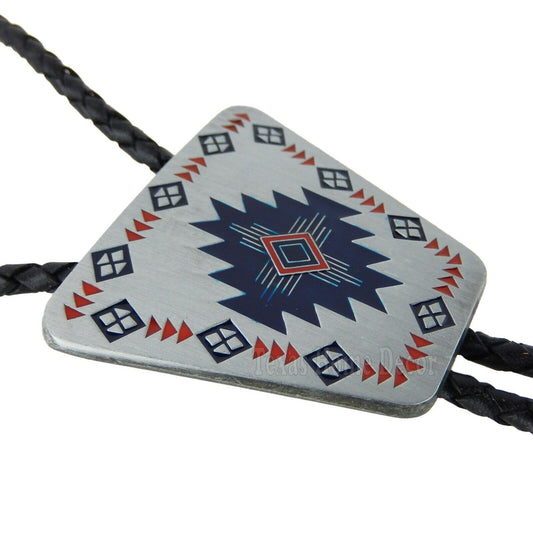 Southwestern Aztec Bolo Tie 38" Adjustable Leather Cord Antique Silver Tone