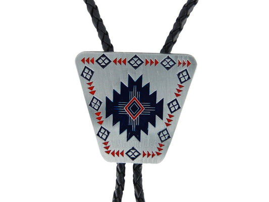 Southwestern Aztec Bolo Tie 38" Adjustable Leather Cord Antique Silver Tone