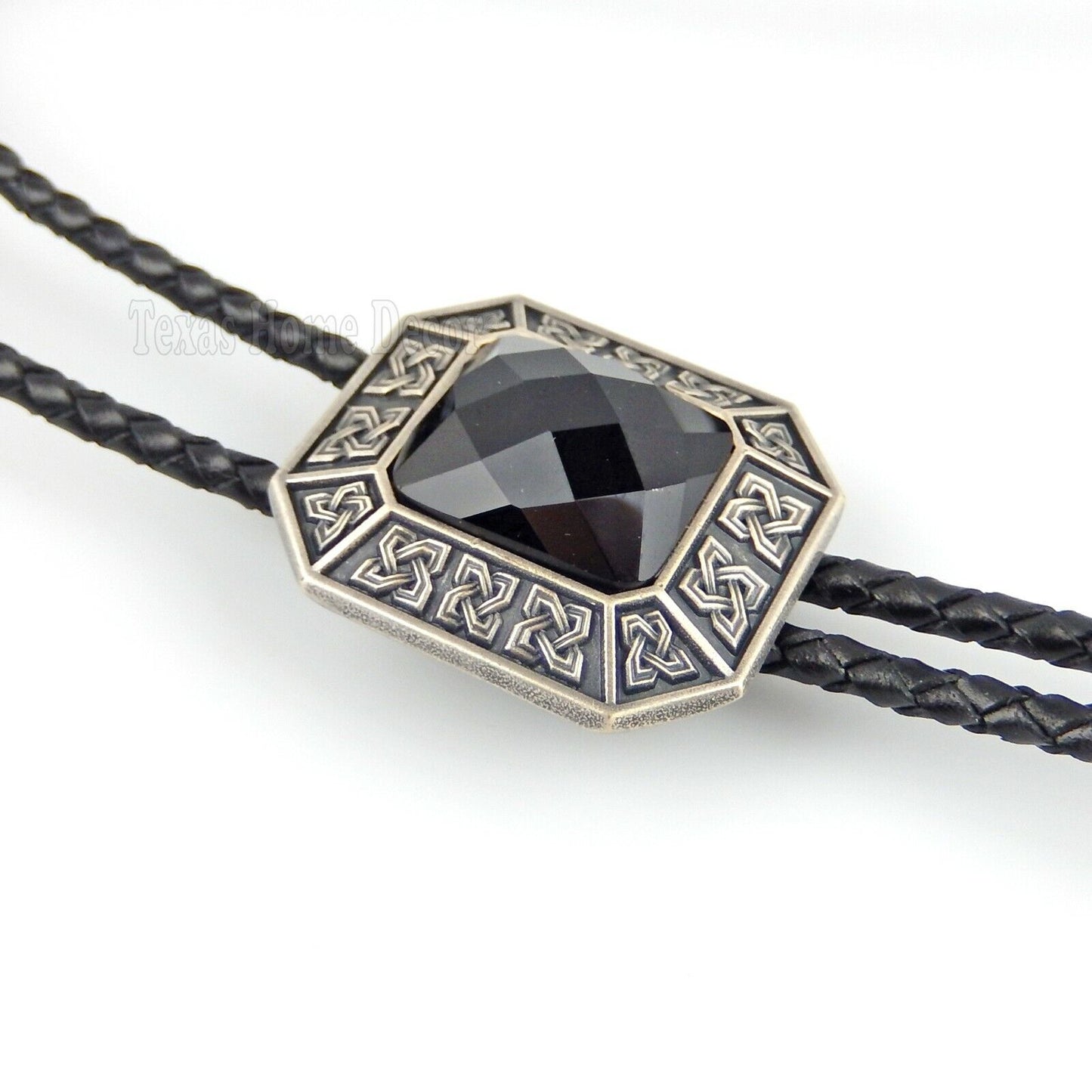 Black Agate Stone Celtic Bolo Tie Real Silver Plated 38" Genuine Leather Cord