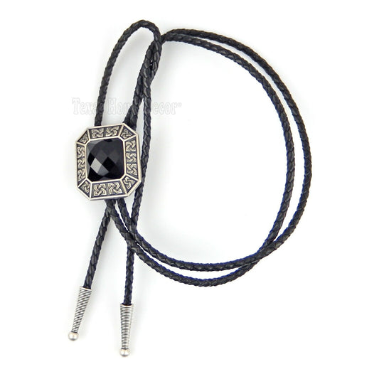 Black Agate Stone Celtic Bolo Tie Real Silver Plated 38" Genuine Leather Cord