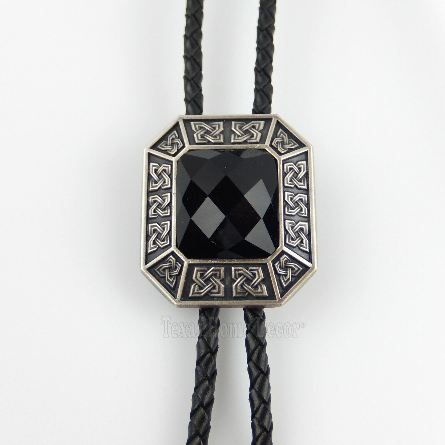 Black Agate Stone Celtic Bolo Tie Real Silver Plated 38" Genuine Leather Cord