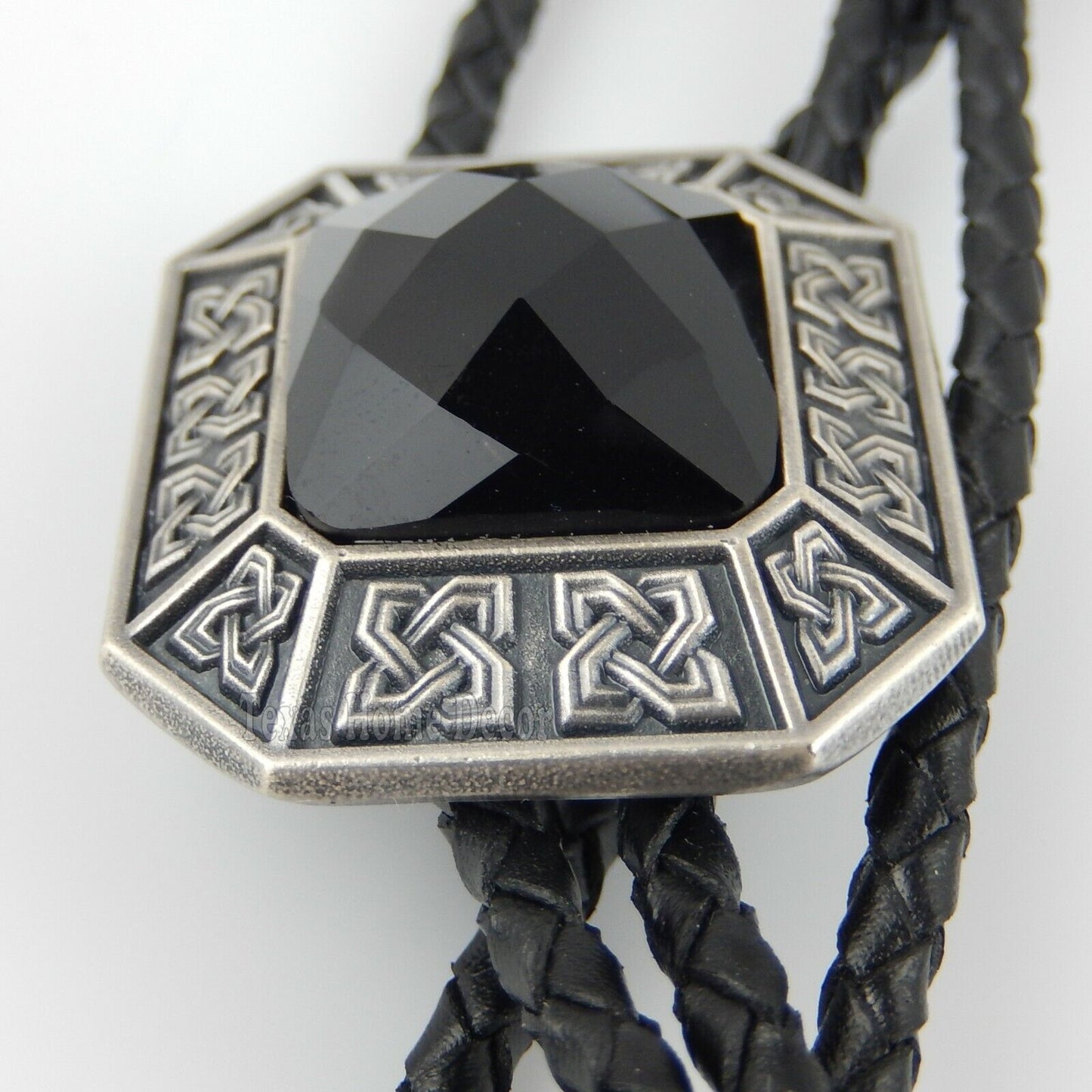 Black Agate Stone Celtic Bolo Tie Real Silver Plated 38" Genuine Leather Cord