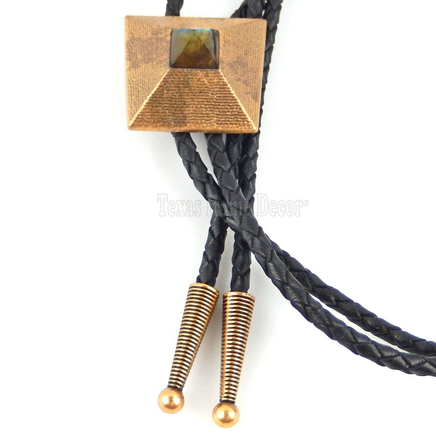 Pyramid Labradorite Stone Bolo Tie Real Gold Plated 38" Adjustable Leather Cord