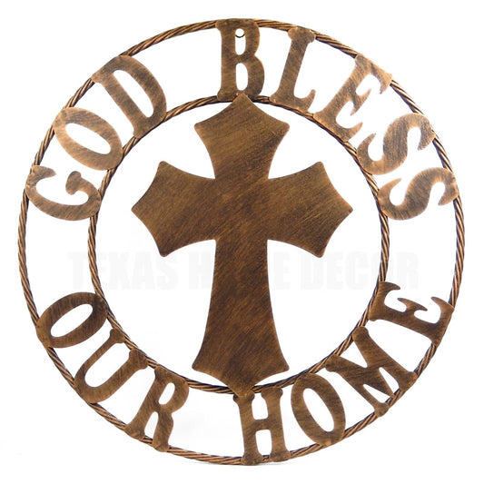 Metal God Bless Our Home Cross Wall Decor Circle Brushed Copper Finish 26 inch