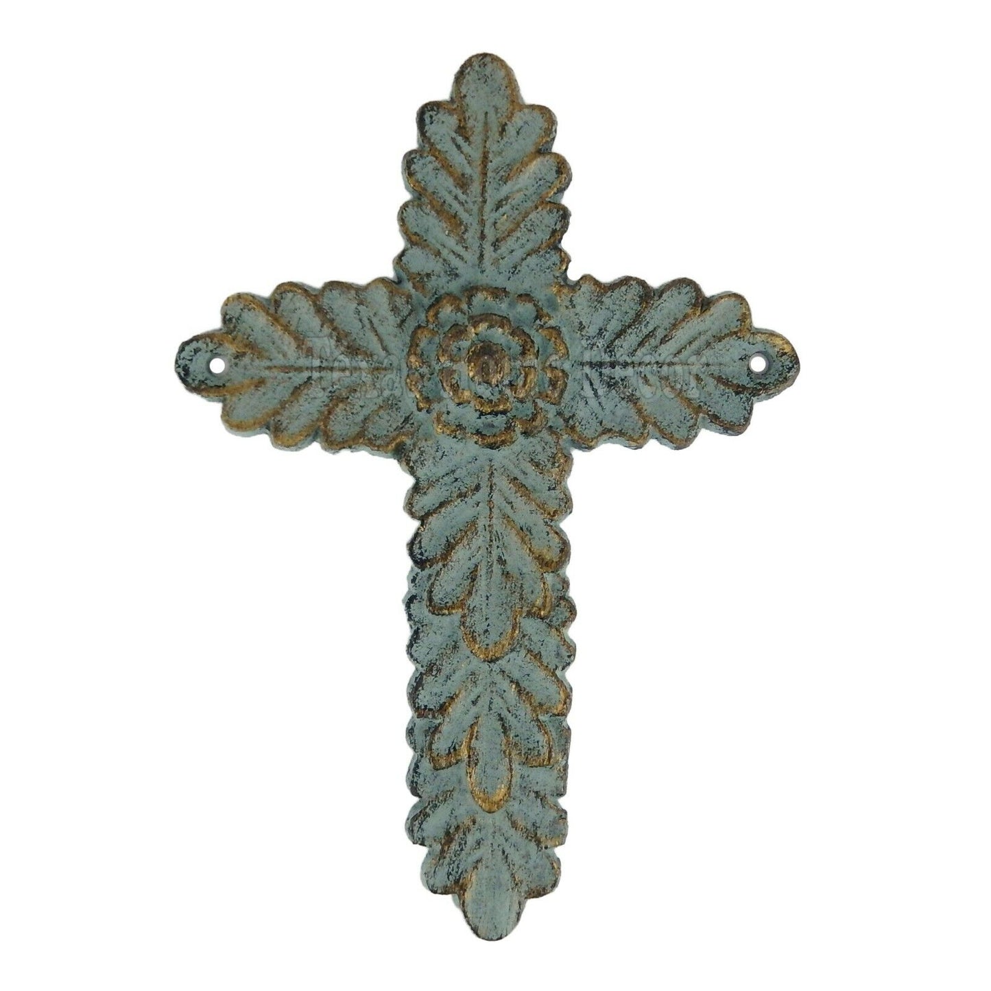 Flower Wall Cross Leaves Cast Iron Gold Green Patina Wall Mounted 8"