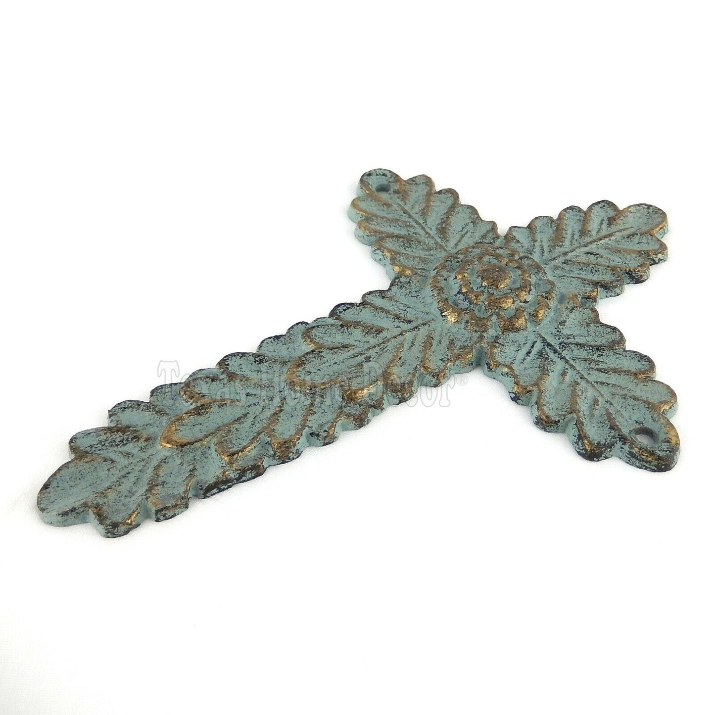 Flower Wall Cross Leaves Cast Iron Gold Green Patina Wall Mounted 8"