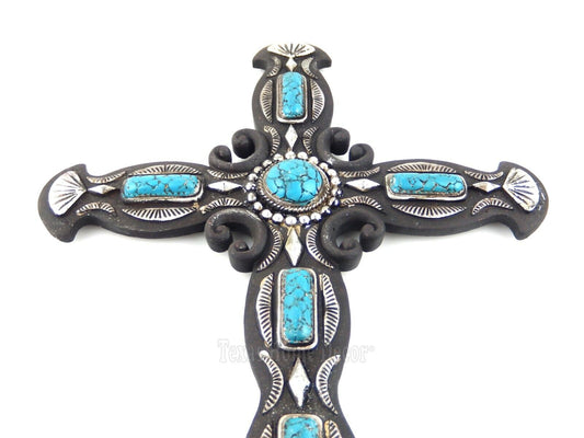 Western Turquoise Decorative Wall Cross Silver Accents Hand Painted Polyresin