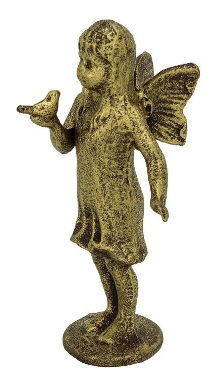 Cast Iron Standing Fairy Angel Figurine Statue Bird in Hand Antique Rustic Gold