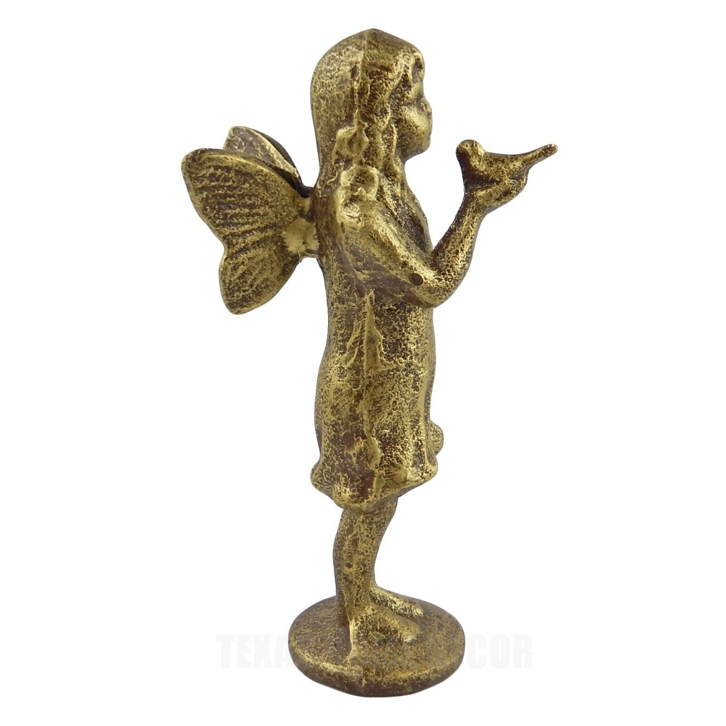Cast Iron Standing Fairy Angel Figurine Statue Bird in Hand Antique Rustic Gold