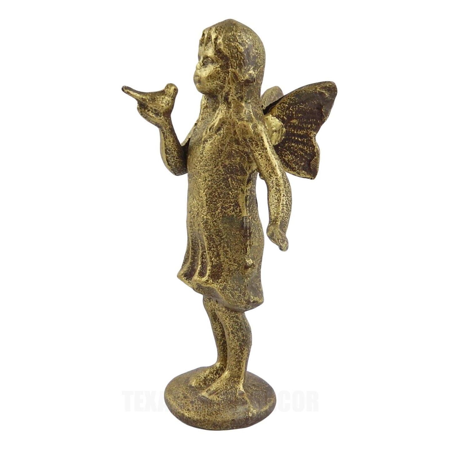 Cast Iron Standing Fairy Angel Figurine Statue Bird in Hand Antique Rustic Gold