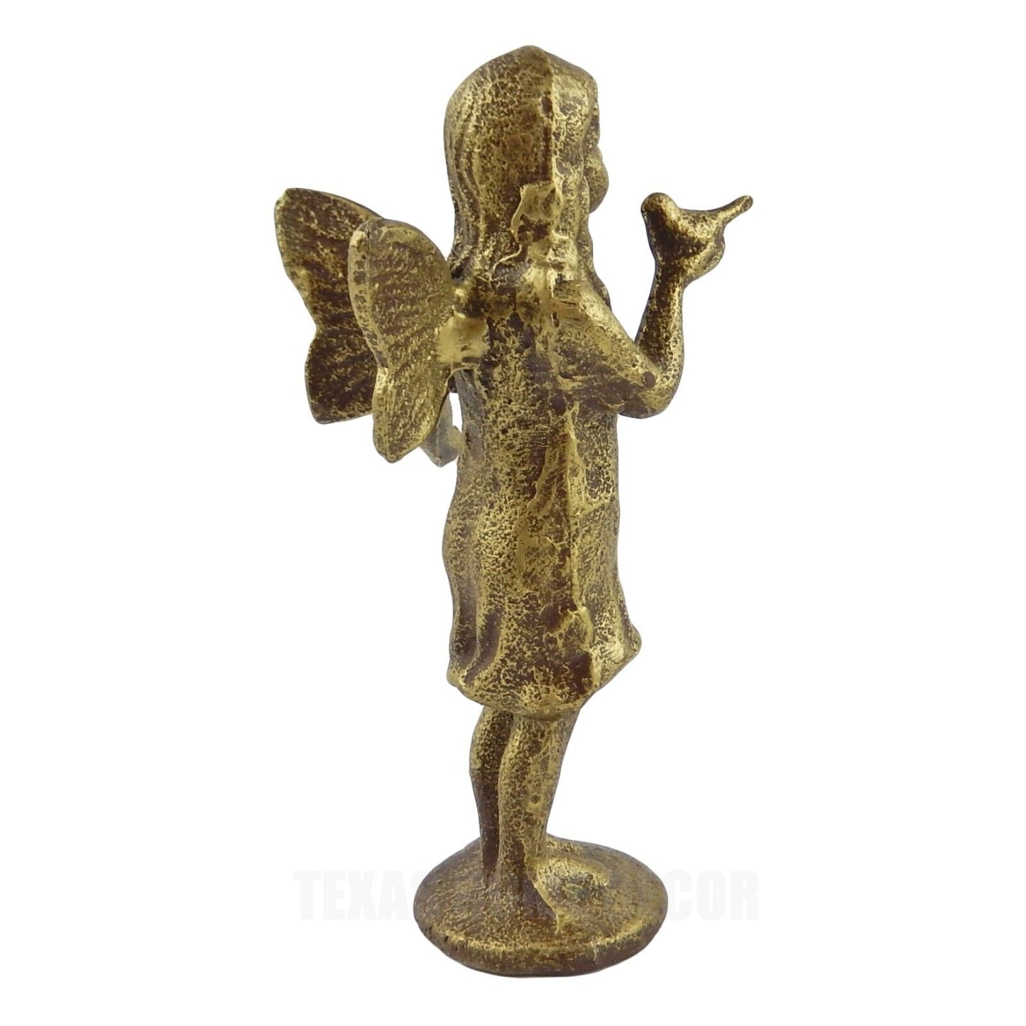 Cast Iron Standing Fairy Angel Figurine Statue Bird in Hand Antique Rustic Gold