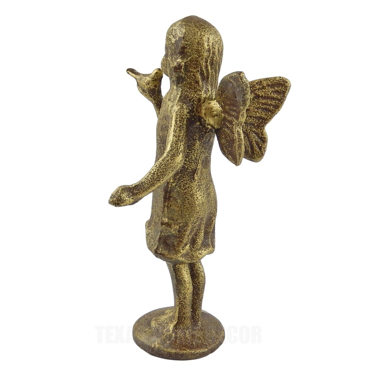 Cast Iron Standing Fairy Angel Figurine Statue Bird in Hand Antique Rustic Gold