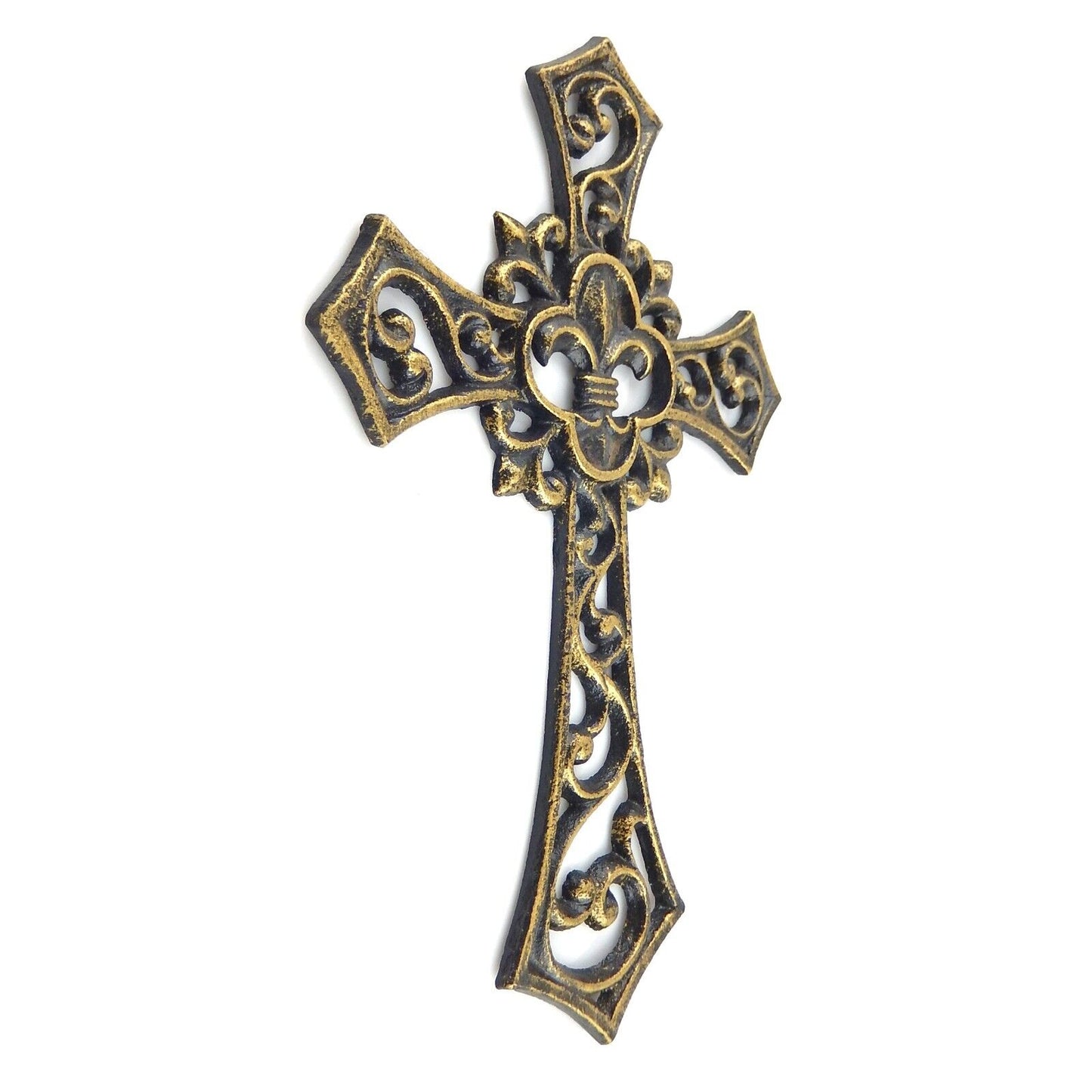 Fleur De Lis Wall Cross Scrolls Rustic Gold Antique Finish Cast Iron 10 1/4 in