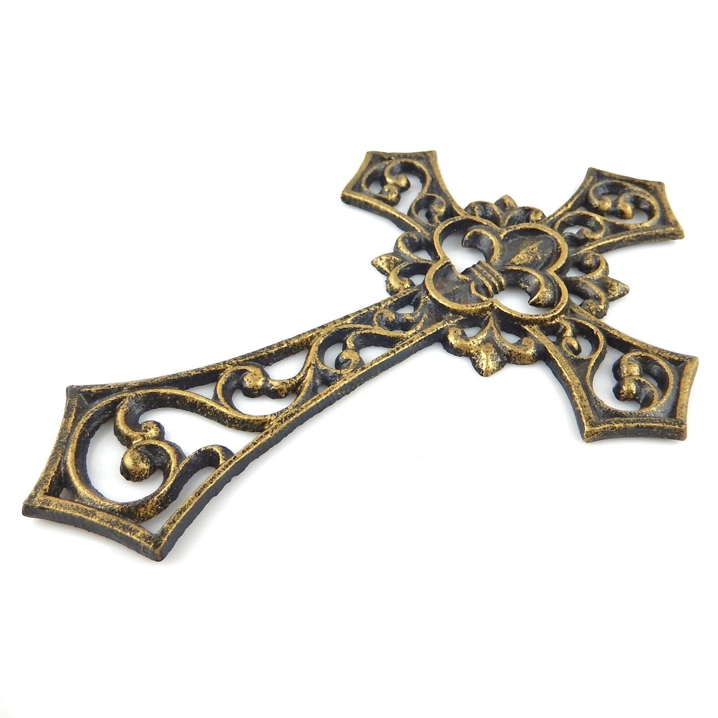Fleur De Lis Wall Cross Scrolls Rustic Gold Antique Finish Cast Iron 10 1/4 in