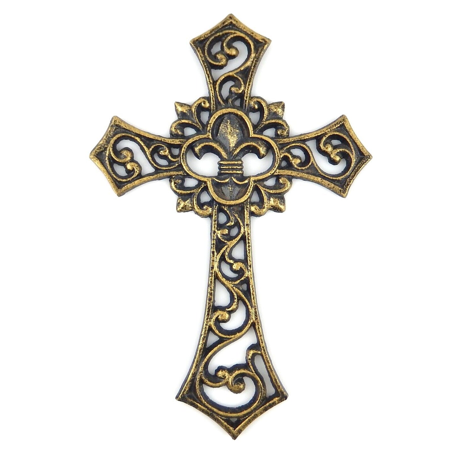 Fleur De Lis Wall Cross Scrolls Rustic Gold Antique Finish Cast Iron 10 1/4 in