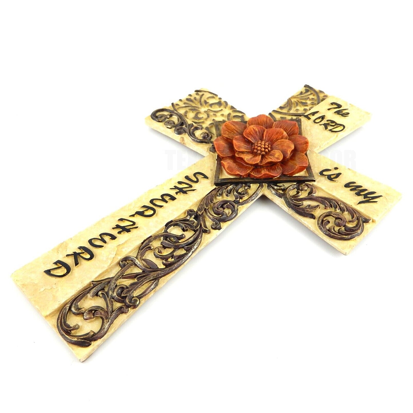 Red Flower Scrolls Stone Look Decorative Wall Cross "The Lord Is My Shepherd"